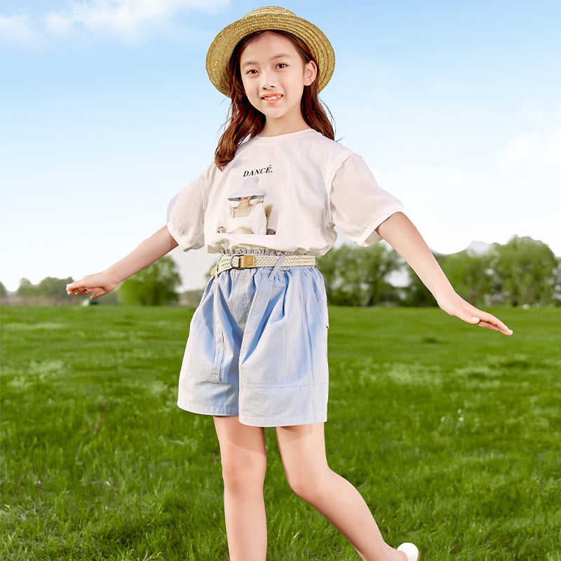 Girls Short-sleeved suit 2025 Summer New Summer Dress Girls Short Skirt Womens Middle and Large Childrens Wear College Style Two-piece Set Blue two-piece set