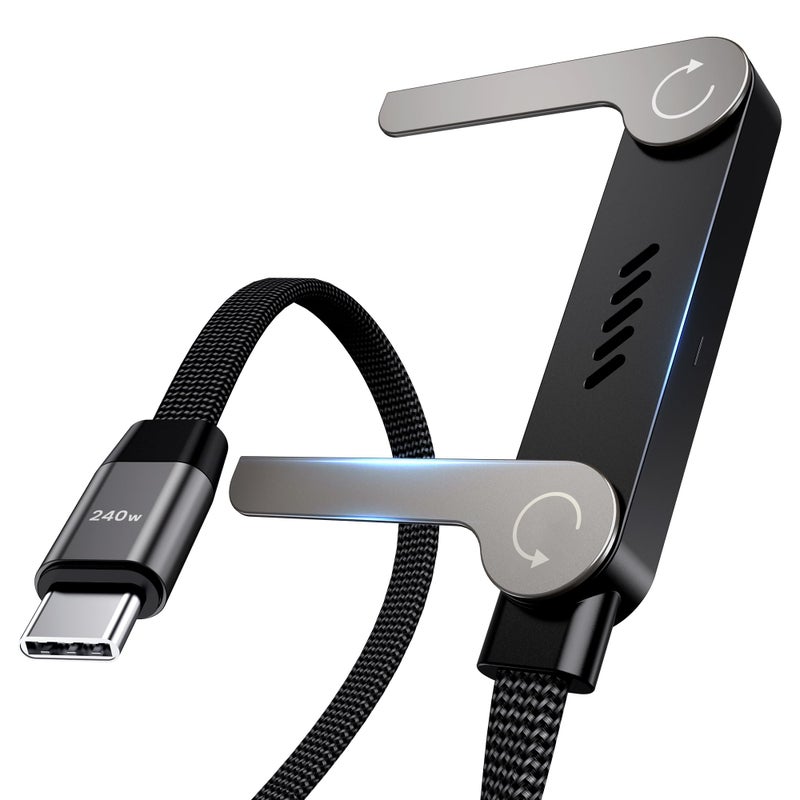 LOOHOI USB C to USB C Cable, 240W Fast Charging Cable with Built-in Phone Stand (5 FT, Black), Durable Braided Type-C Cable with 90Â° Angled T-Shaped Stand (1PCS) - Image 1