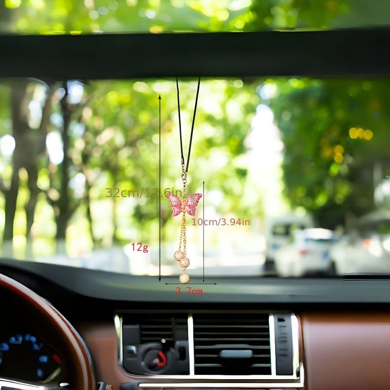 Pink Alloy Butterfly Car Pendant Rhinestone Tassel Interior Decoration Party Holiday Gift - Image 2