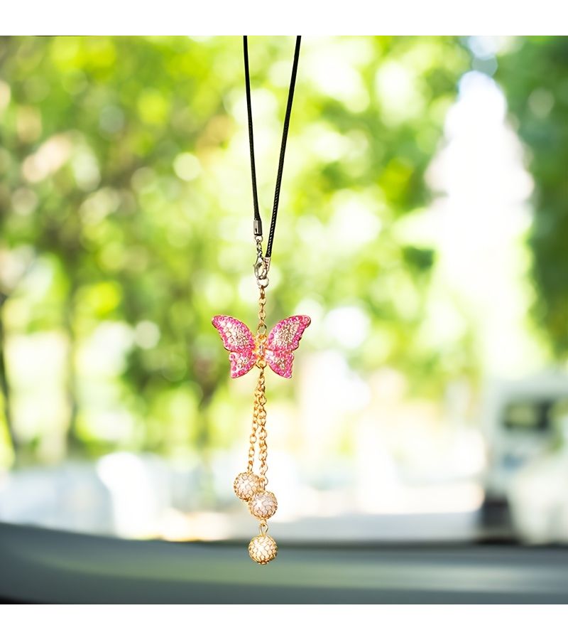 Pink Alloy Butterfly Car Pendant Rhinestone Tassel Interior Decoration Party Holiday Gift - Image 1