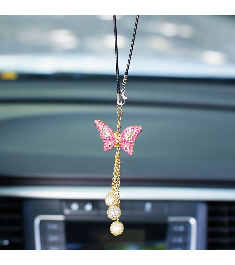 Pink Alloy Butterfly Car Pendant Rhinestone Tassel Interior Decoration Party Holiday Gift - Image 3