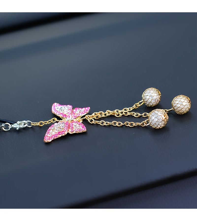 Pink Alloy Butterfly Car Pendant Rhinestone Tassel Interior Decoration Party Holiday Gift - Image 4