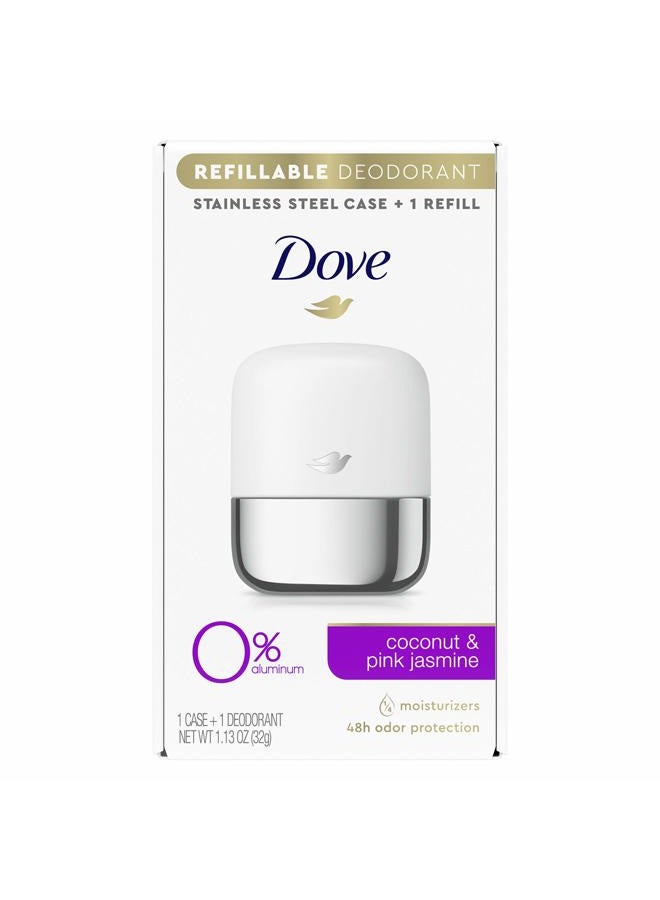 Dove طقم بدء مزيل العرق القابل لإعادة التعبئة 0% ألمنيوم جوز الهند والياسمين الوردي مزيل عرق خالي من الألمنيوم 1.13 أونصة - Image 1