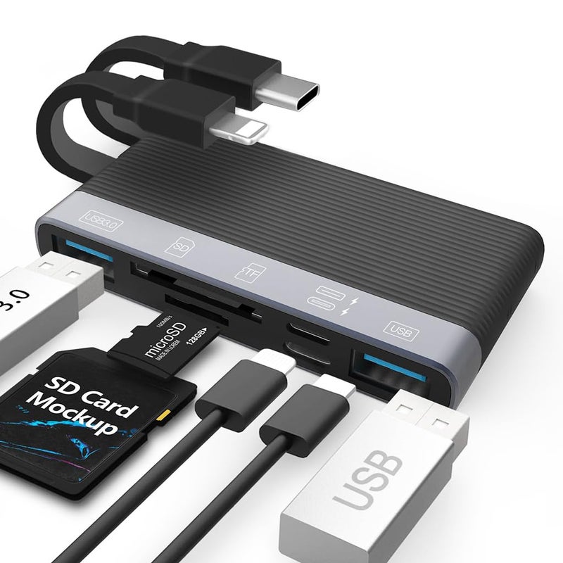 Verilux ® USB Hub 6 in 1 with USB C&Light-ning Connector and PD Charging for iPhone Android Dual USB 3.0 High Speed SD/TF Card Reader Universal Type C Hub for Phone, Tablet, Flash Drive & Memory Stick - Image 1