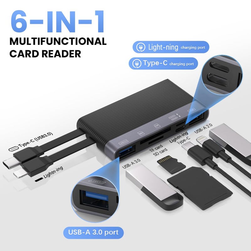 Verilux ® USB Hub 6 in 1 with USB C&Light-ning Connector and PD Charging for iPhone Android Dual USB 3.0 High Speed SD/TF Card Reader Universal Type C Hub for Phone, Tablet, Flash Drive & Memory Stick - Image 2