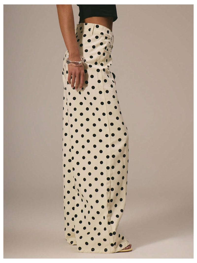 MakeMeChic Women's Polka Dots Wide Leg Jeans Mid Waist Denim Pants with Pocket Beige 30 - Image 2