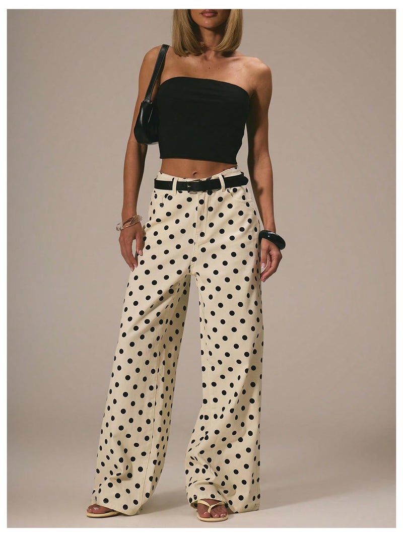 MakeMeChic Women's Polka Dots Wide Leg Jeans Mid Waist Denim Pants with Pocket Beige 30 - Image 5