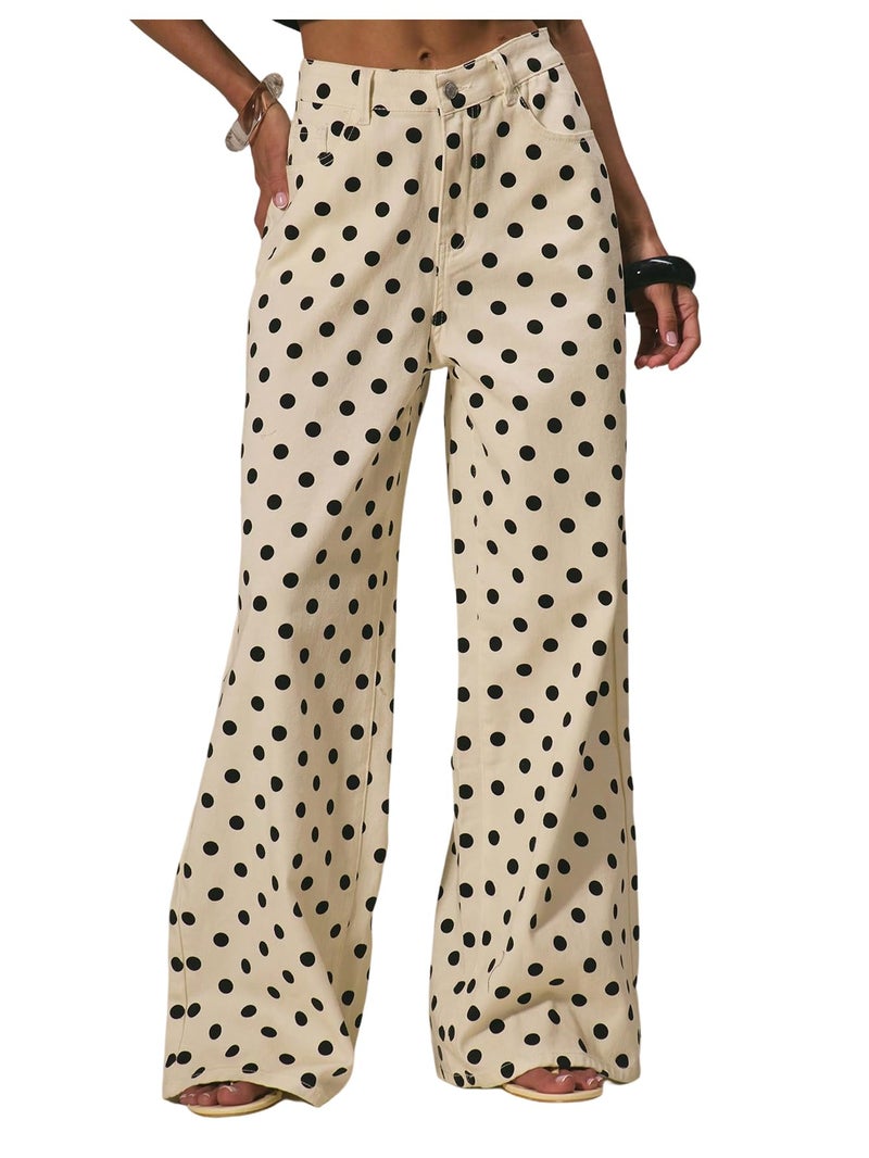 MakeMeChic Women's Polka Dots Wide Leg Jeans Mid Waist Denim Pants with Pocket Beige 30 - Image 1