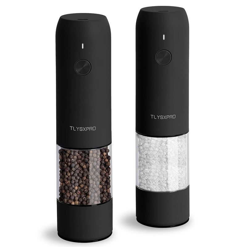 TLYSXPRO Electric Salt and Pepper Grinder Set, USB Rechargeable, Automatic Salt and Pepper Mill Grinder with Adjustable Coarseness, Electric Salt Shakers, LED Light, Refillable (2 Packs, Black) - Image 1