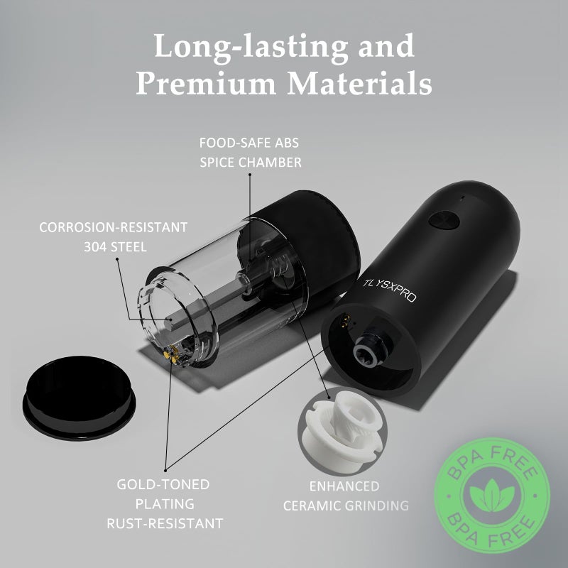 TLYSXPRO Electric Salt and Pepper Grinder Set, USB Rechargeable, Automatic Salt and Pepper Mill Grinder with Adjustable Coarseness, Electric Salt Shakers, LED Light, Refillable (2 Packs, Black) - Image 3