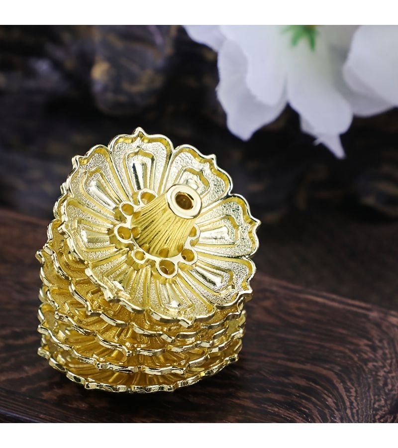 Lotus Incense Holder 3Pc 9 Hole Single Layer Bright Golden Stick Incense Burner For Tea Room Study Foyer Home Decor Oriental Art Metalwork Burner No Electricity Needed Holiday Ambiance Enhancer Halloween Thanksgiving Christmas - Image 5