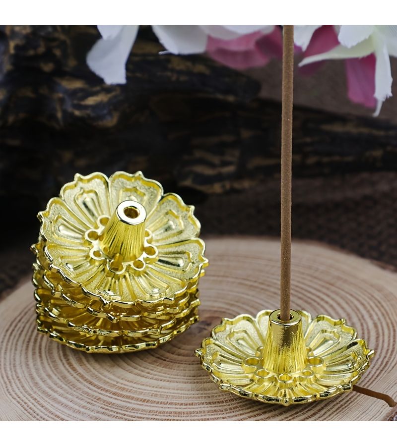 Lotus Incense Holder 3Pc 9 Hole Single Layer Bright Golden Stick Incense Burner For Tea Room Study Foyer Home Decor Oriental Art Metalwork Burner No Electricity Needed Holiday Ambiance Enhancer Halloween Thanksgiving Christmas - Image 2