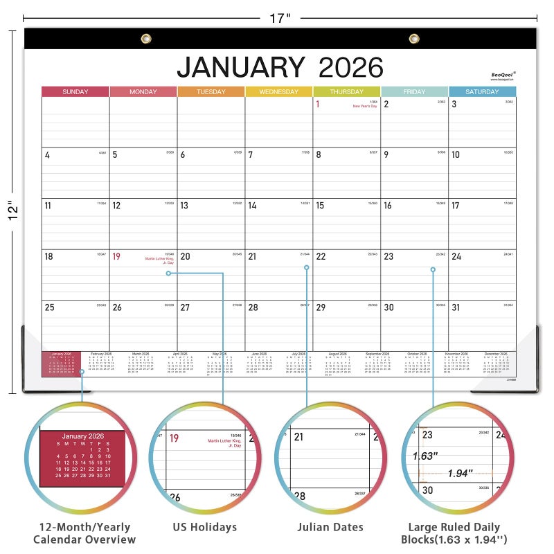 BooQool 2026 Desk Calendar - Desk Calendar 2026, 14.8" x 11.4", Jan. 2026 - Dec. 2026, 12 Months Calendar, Large Ruled Blocks, Tear Off, Corner Protectors, Desk/Wall Calendar for Planning and Organizing - Image 4