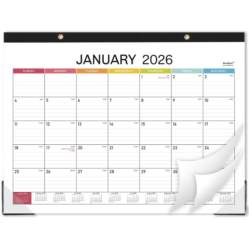 BooQool 2026 Desk Calendar - Desk Calendar 2026, 14.8" x 11.4", Jan. 2026 - Dec. 2026, 12 Months Calendar, Large Ruled Blocks, Tear Off, Corner Protectors, Desk/Wall Calendar for Planning and Organizing - Image 1