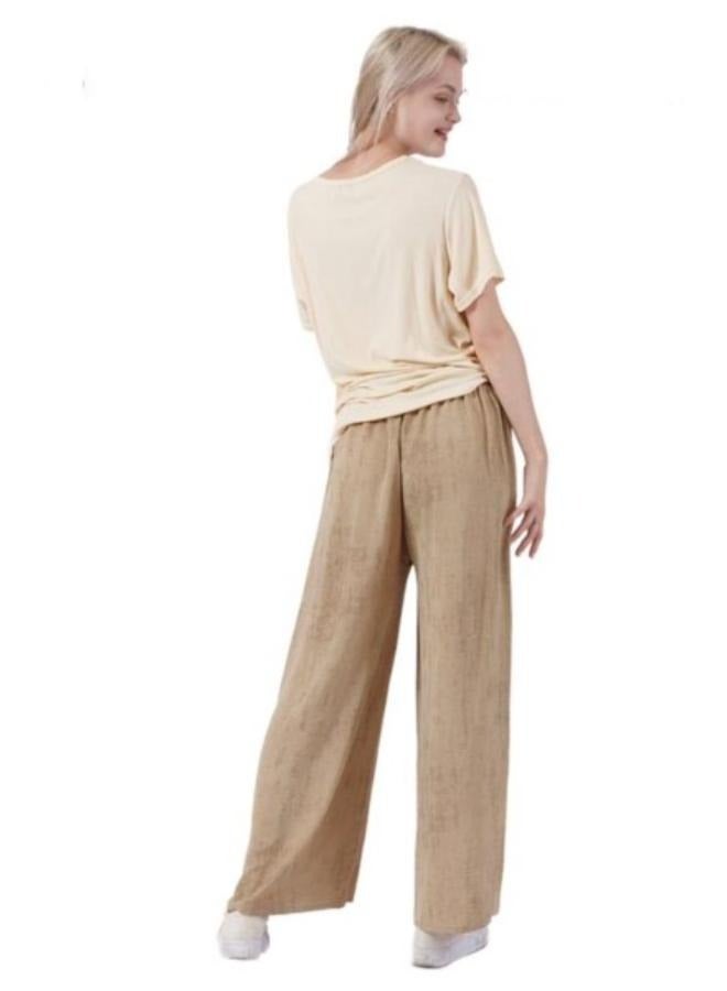 بنطلون نسائي واسع الساق بمقاس حر، بخصر عالٍ، فضفاض، طويل، مصنوع من قماش البوليستر، ملابس خارجية غير رسمية، حزام خصر مرن مع رباط قابل للتعديل - Image 2