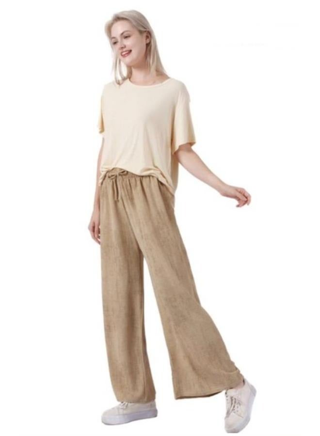 بنطلون نسائي واسع الساق بمقاس حر، بخصر عالٍ، فضفاض، طويل، مصنوع من قماش البوليستر، ملابس خارجية غير رسمية، حزام خصر مرن مع رباط قابل للتعديل - Image 1