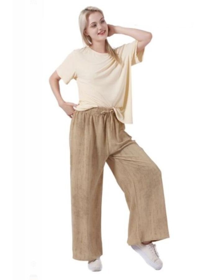 بنطلون نسائي واسع الساق بمقاس حر، بخصر عالٍ، فضفاض، طويل، مصنوع من قماش البوليستر، ملابس خارجية غير رسمية، حزام خصر مرن مع رباط قابل للتعديل - Image 3