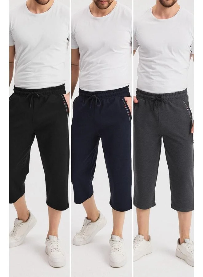 Men's side-pocketed black, navy, and anthracite Bermuda knee-length Capri shorts with adjustable elastic waist, pack of 3.