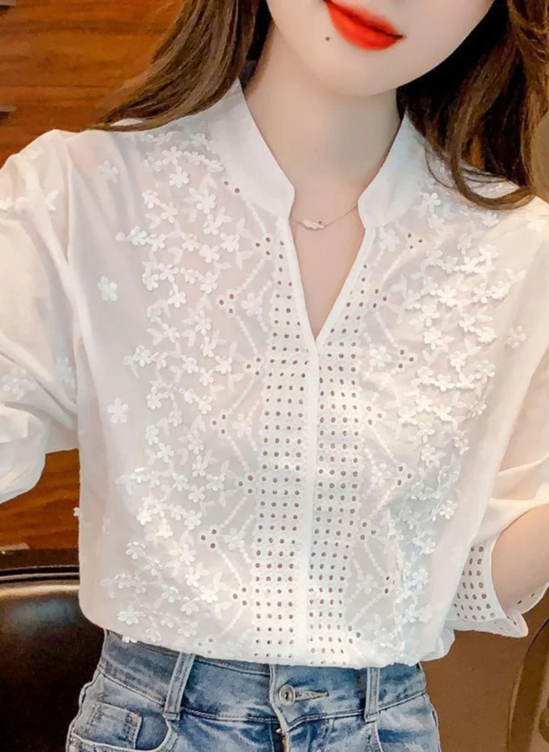 YUNIQEE White High Neck Three-Quarter Sleeves Self Design Top