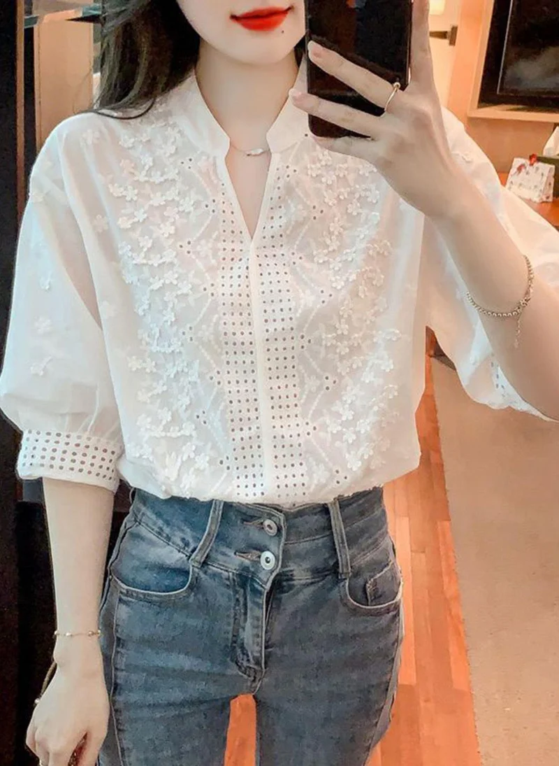 YUNIQEE White High Neck Three-Quarter Sleeves Self Design Top