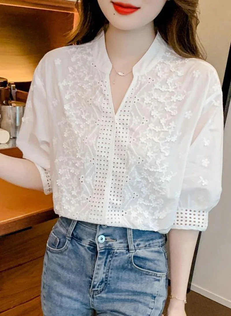 YUNIQEE White High Neck Three-Quarter Sleeves Self Design Top
