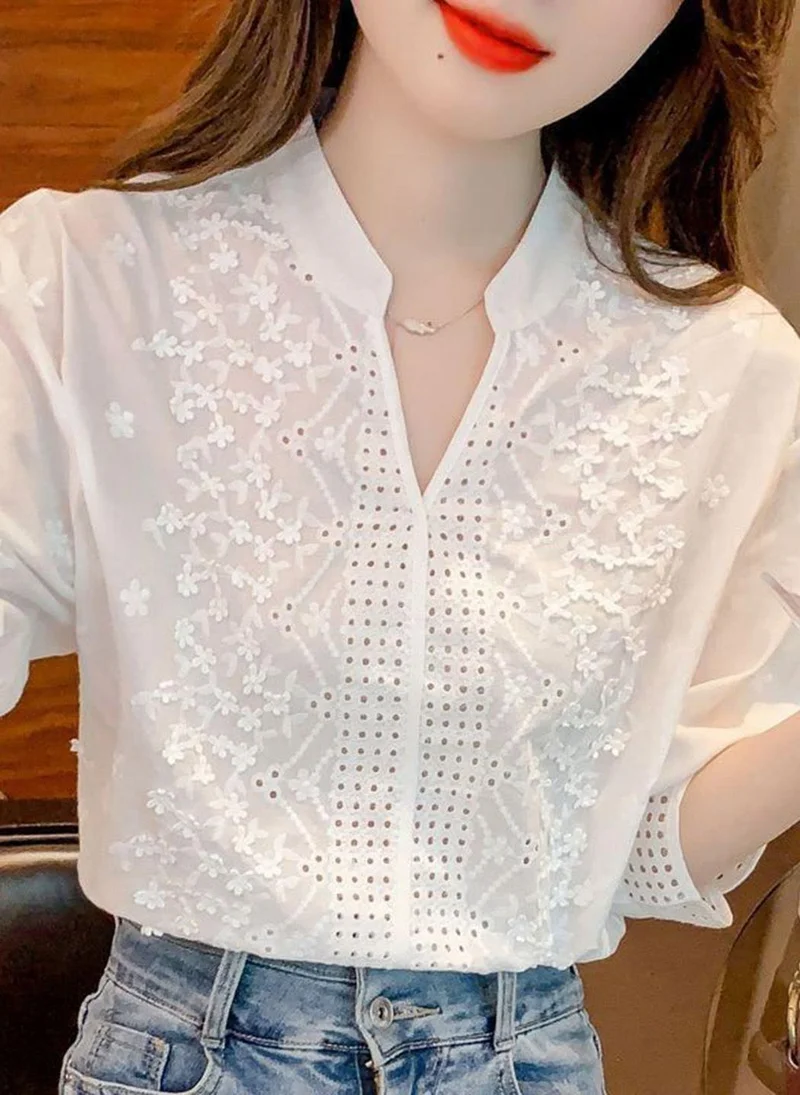 YUNIQEE White High Neck Three-Quarter Sleeves Self Design Top