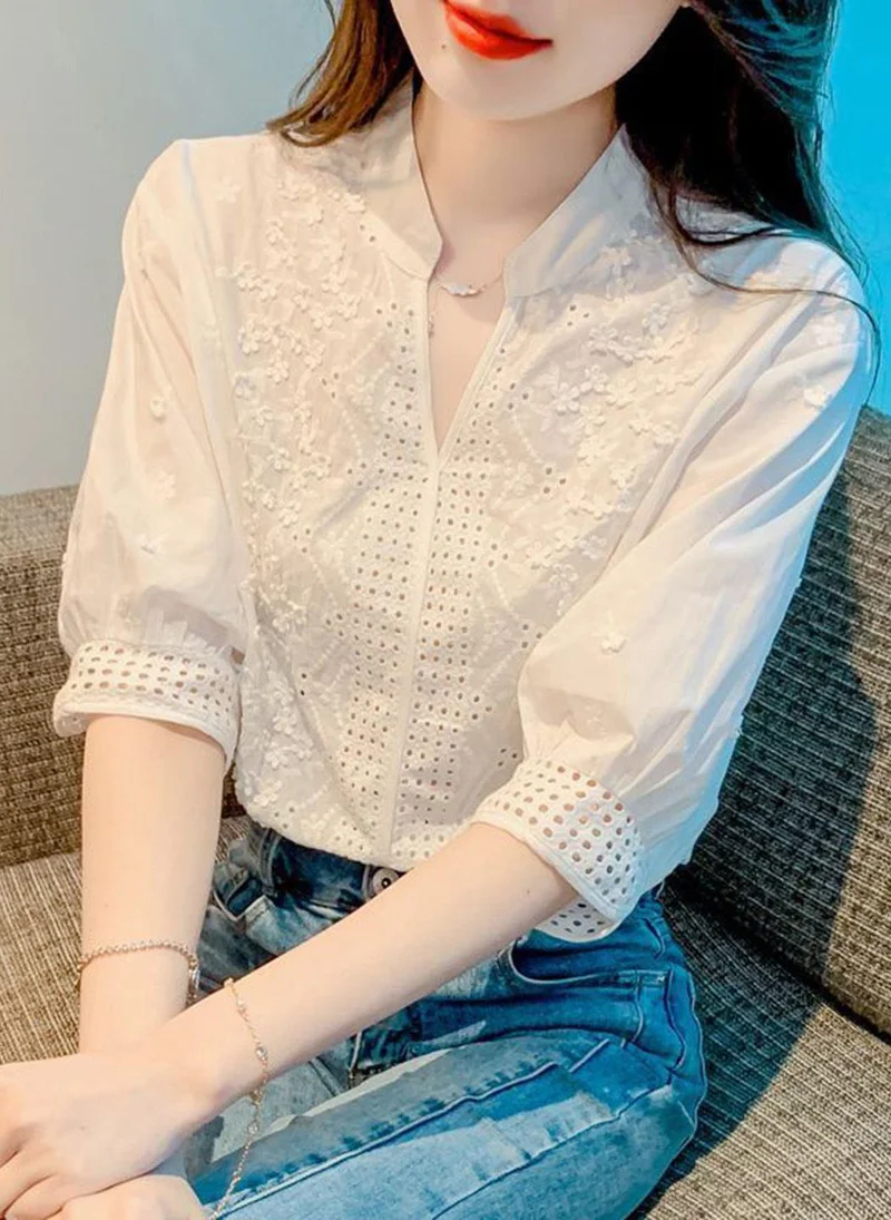 YUNIQEE White High Neck Three-Quarter Sleeves Self Design Top