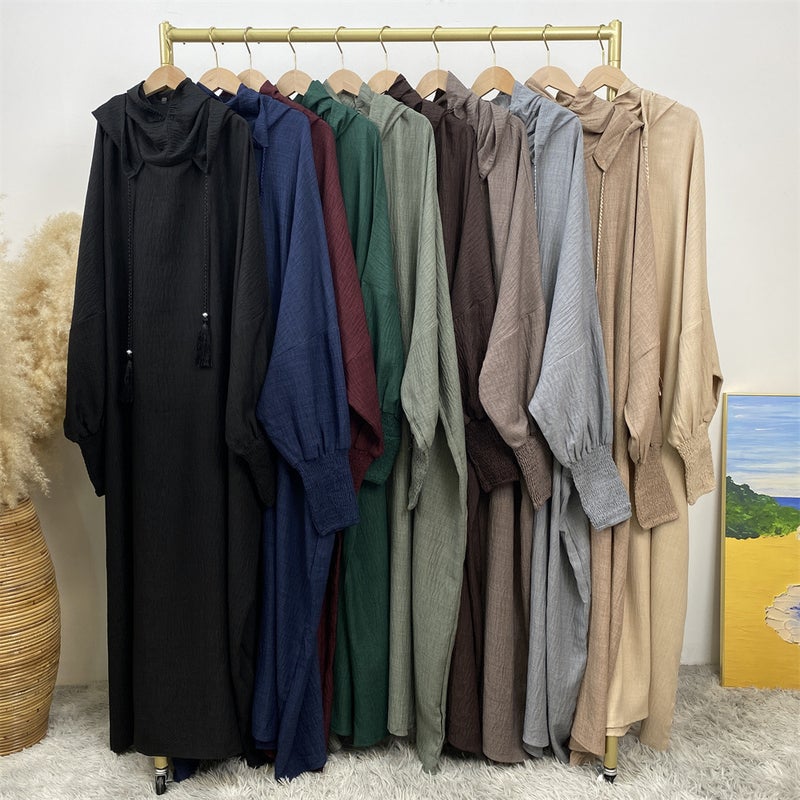 monica fashion Simple Solid Color Long Sleeves Kaftan And Batwing Style Hooded Dress - Image 4