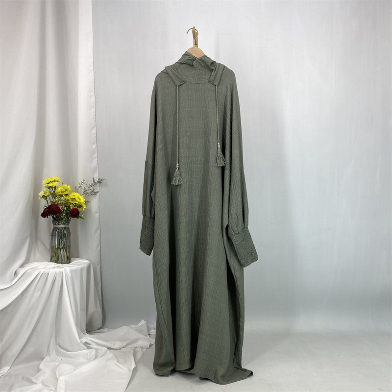monica fashion Simple Solid Color Long Sleeves Kaftan And Batwing Style Hooded Dress - Image 2