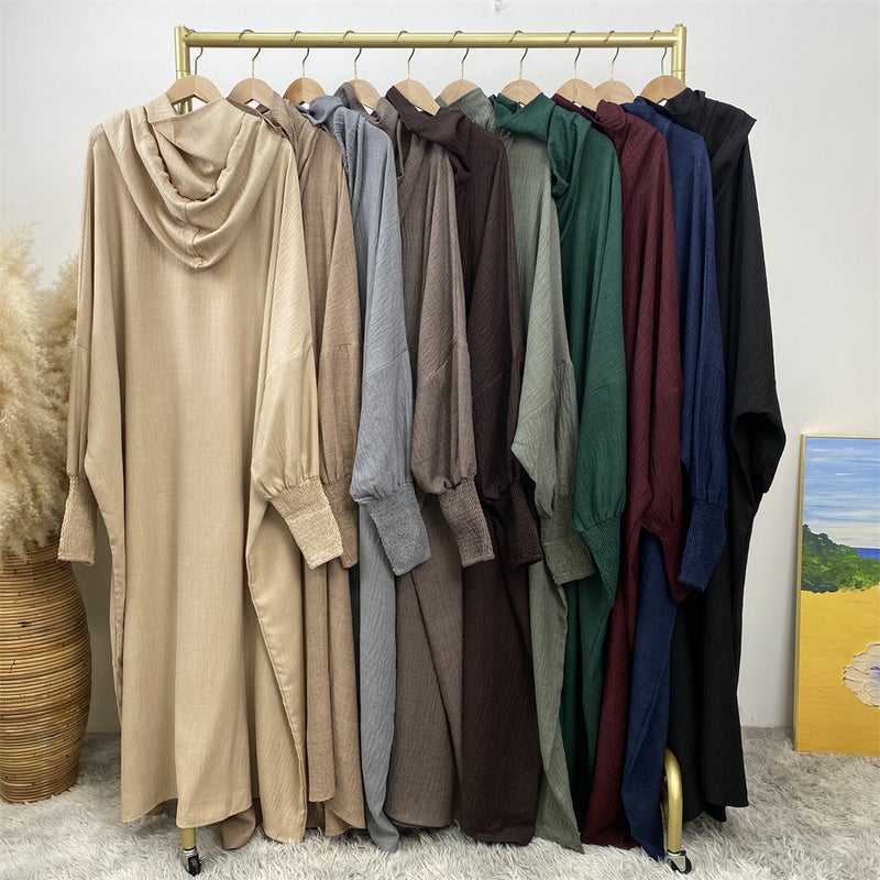 monica fashion Simple Solid Color Long Sleeves Kaftan And Batwing Style Hooded Dress - Image 5