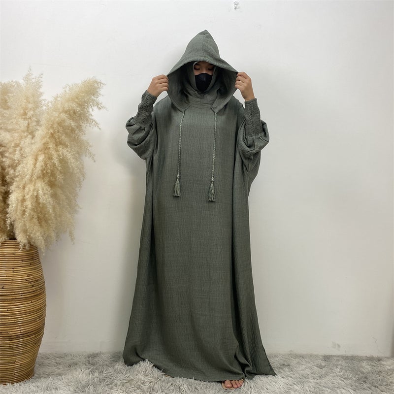 monica fashion Simple Solid Color Long Sleeves Kaftan And Batwing Style Hooded Dress - Image 1