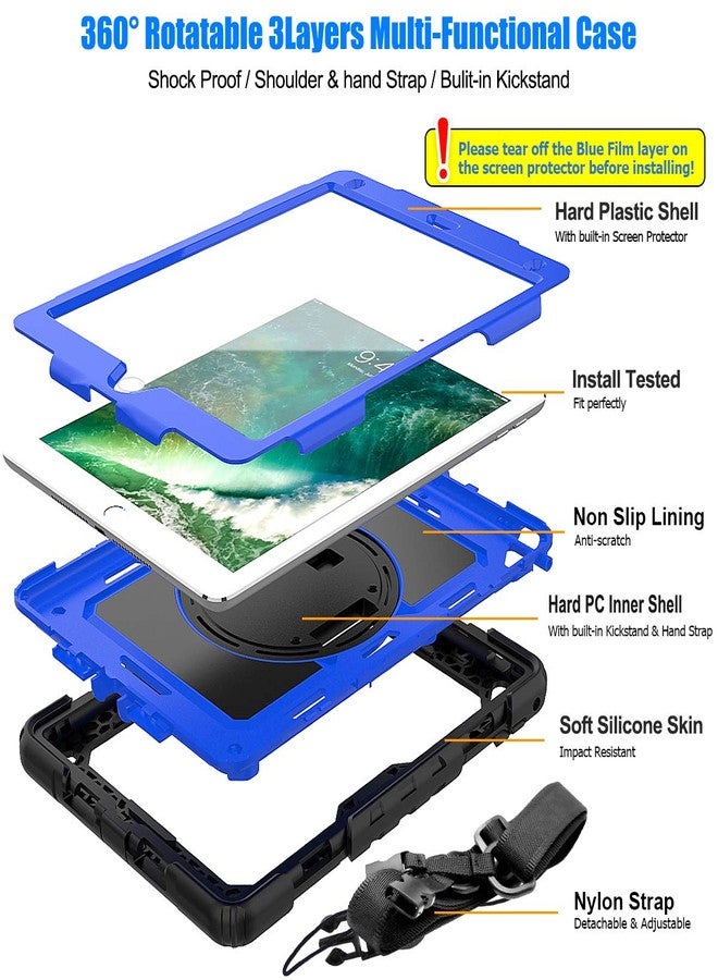 SEYMAC stock جراب SEYMAC لجهاز iPad من الجيل السادس/الخامس مقاس 9.7 بوصة مع واقي شاشة وحامل قلم [حزام يد دوار 360 درجة] وحامل، جراب مقاوم للصدمات لجهاز iPad من الجيل السادس/الخامس/Air 2/Pro مقاس 9.7 بوصة (أزرق + أسود) - Image 5