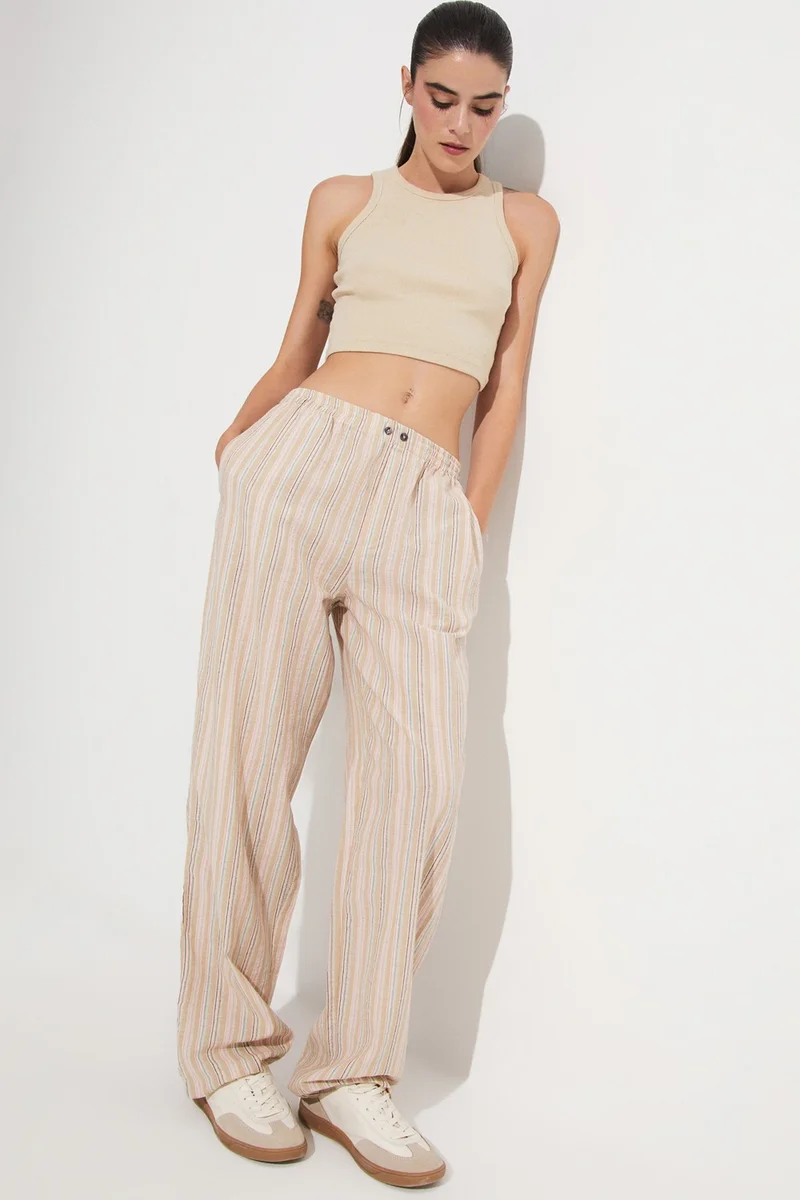 جون Women's 100% Cotton Elastic Waist Striped Trousers
