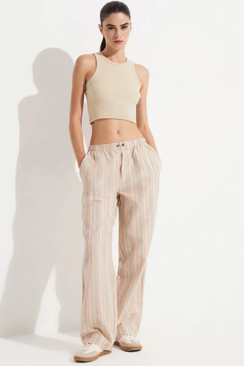 جون Women's 100% Cotton Elastic Waist Striped Trousers