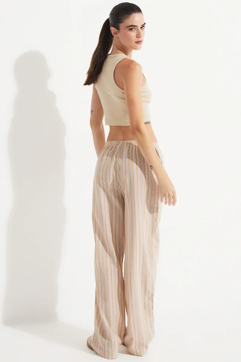 جون Women's 100% Cotton Elastic Waist Striped Trousers