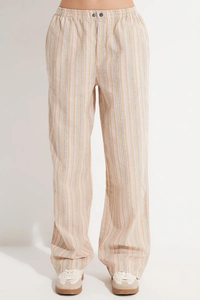 جون Women's 100% Cotton Elastic Waist Striped Trousers