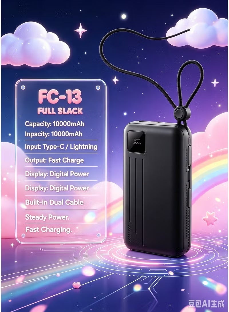 REMAX FC-13 10000mAh Power Bank 22.5W Fast Charging with Built-in Type-C and Lightning Cables, Portable Battery Charger, Compact Power Bank for Smartphones, Tablets and Everyday Travel, Black - Image 2
