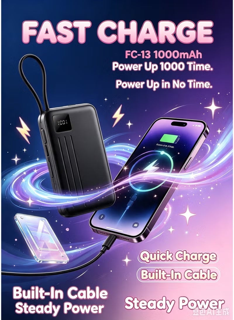REMAX FC-13 10000mAh Power Bank 22.5W Fast Charging with Built-in Type-C and Lightning Cables, Portable Battery Charger, Compact Power Bank for Smartphones, Tablets and Everyday Travel, Black - Image 3