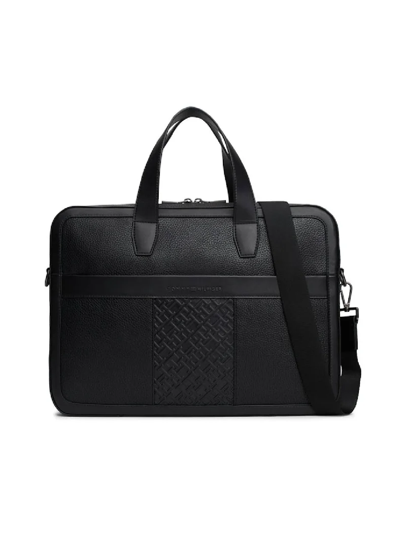 TOMMY HILFIGER Men's Th Monogram Pebble Grain Laptop Bag, Black - faux leather