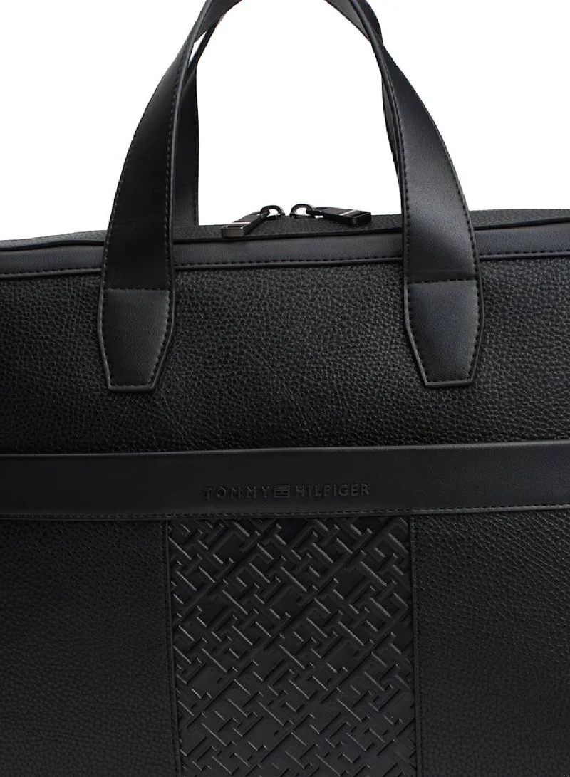 TOMMY HILFIGER Men's Th Monogram Pebble Grain Laptop Bag, Black - faux leather