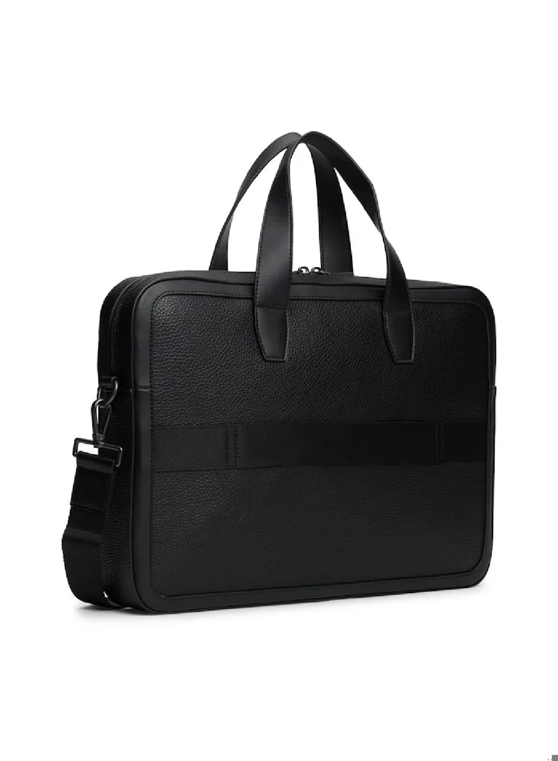 TOMMY HILFIGER Men's Th Monogram Pebble Grain Laptop Bag, Black - faux leather