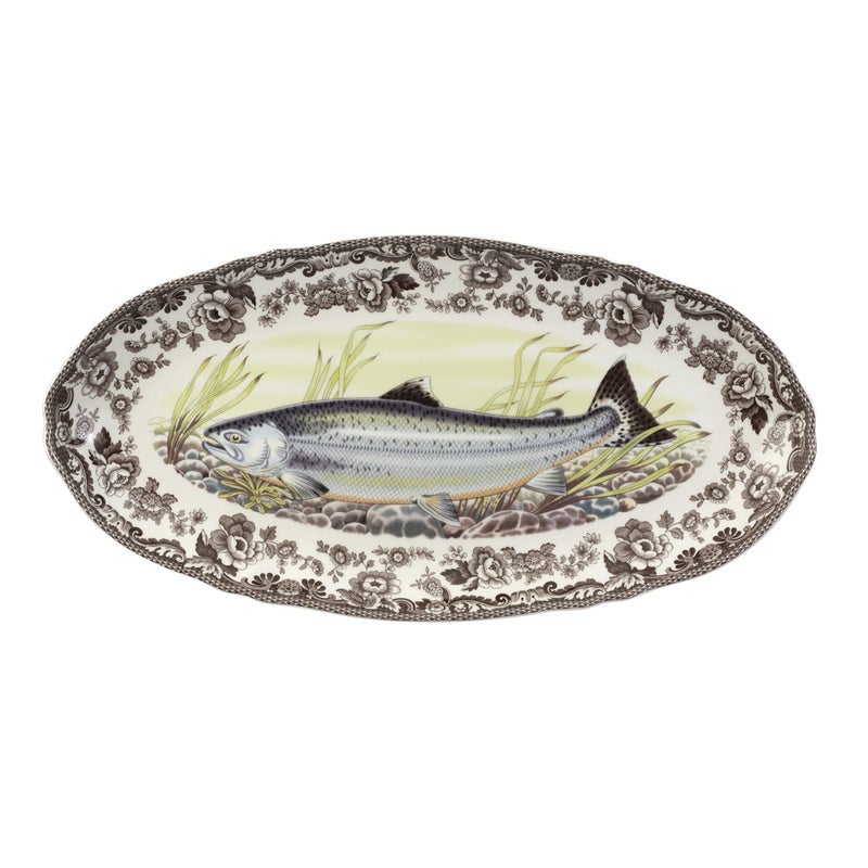 Spode Spode Woodland Fish Platter with King Salmon Motif  185 Fish Serving Platter  Large Oval Tray Made from Fine Porcelain  Microwave and Dishwasher Safe 