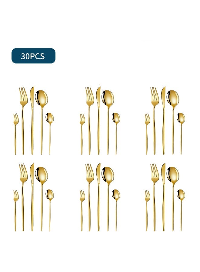 Mirror Gold Silverware Set 30-Piece, Stainless Steel Flatware Service f, Unique Utensils Set with Long Fork and Spoon Teaspoon, Mirror Gold Flatware Set, Cutlery for Home Party Kitchen - Image 1