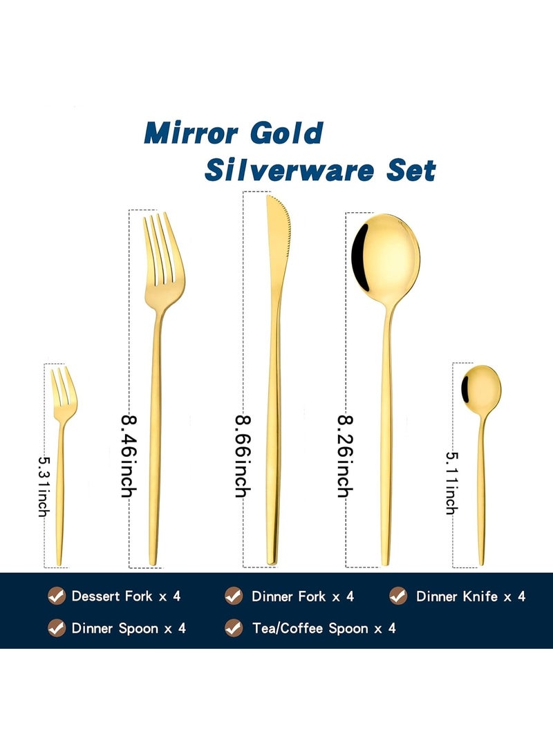 Mirror Gold Silverware Set 30-Piece, Stainless Steel Flatware Service f, Unique Utensils Set with Long Fork and Spoon Teaspoon, Mirror Gold Flatware Set, Cutlery for Home Party Kitchen - Image 3