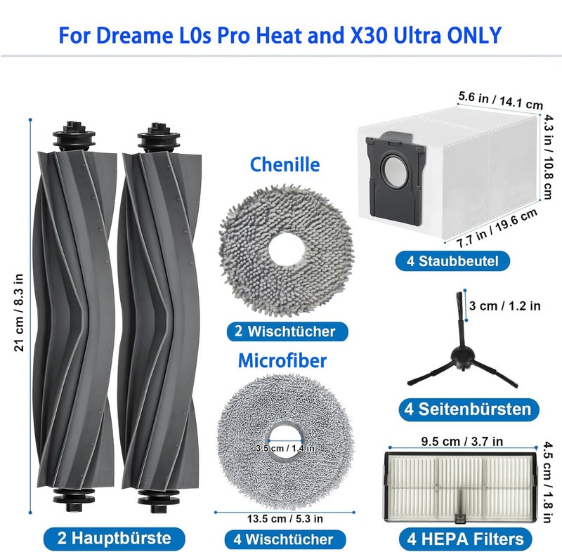 JoyBros Accessories for Dreame L10s Ultra Heat and Gen 2 ONLY X30 Ultra Mova E30 mops/Wipes X6; dust Bag X4; Filter HEPA X4; Main Brushes X2; Side Brushes X4 Spare Parts - Image 2