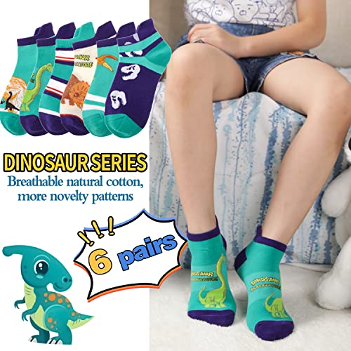Welwoos Kids Boys Ankle Socks No Show Low Cut Funny Cute Cartoon Novelty Cotton Socks 6 Pairs Gifts Stocking Stuffers for Boys Kids(Dinosaur Green,5-8 Y) - Image 3
