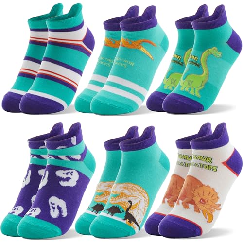 Welwoos Kids Boys Ankle Socks No Show Low Cut Funny Cute Cartoon Novelty Cotton Socks 6 Pairs Gifts Stocking Stuffers for Boys Kids(Dinosaur Green,5-8 Y) - Image 1