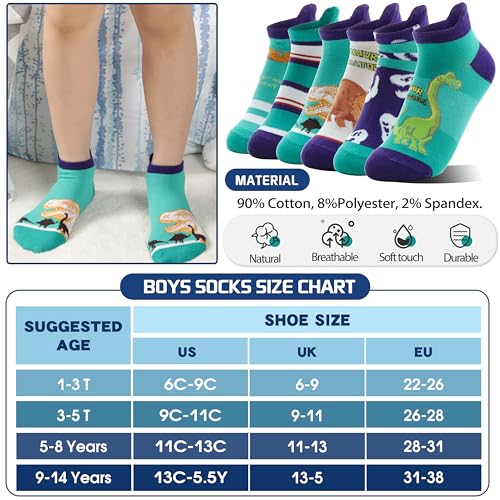 Welwoos Kids Boys Ankle Socks No Show Low Cut Funny Cute Cartoon Novelty Cotton Socks 6 Pairs Gifts Stocking Stuffers for Boys Kids(Dinosaur Green,5-8 Y) - Image 5