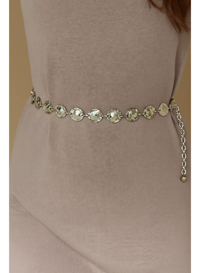 فيبراندا حزام خصر بسلسلة وأقراص معدنية منقوشة U-18-فضي - Image 3