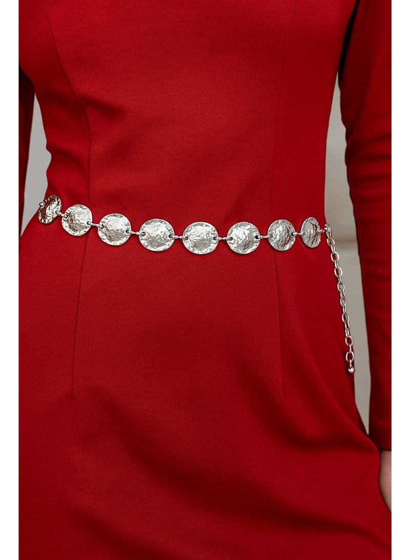 فيبراندا حزام خصر بسلسلة وأقراص معدنية منقوشة U-18-فضي - Image 2